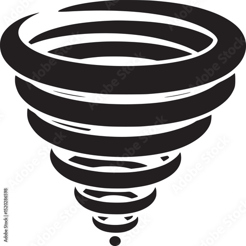A black and white graphic depiction of a tornado with swirling bands against a plain background