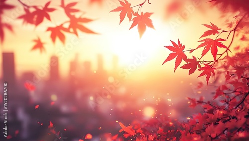 Autumnal cityscape framed by vibrant foliage.  Warm sunset hues paint the skyline, with scattered, red-orange maple leaves