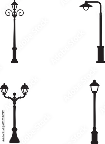Vintage Street Lamp silhouette set vector illustration isolated On Transparent Background