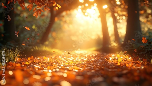 Autumnal forest path bathed in golden sunlight