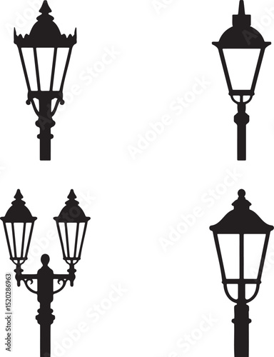 Vintage Street Lamp silhouette set vector illustration isolated On Transparent Background