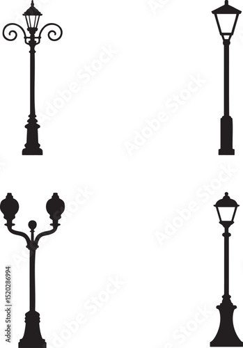 Vintage Street Lamp silhouette set vector illustration isolated On Transparent Background