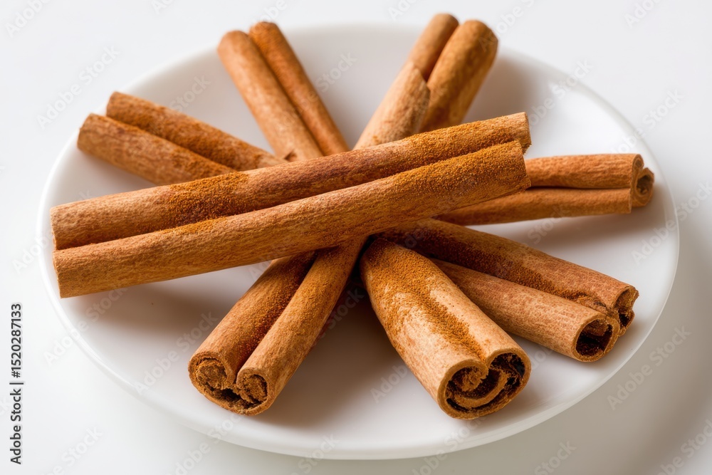 Aromatic cinnamon sticks are artfully arranged on a white plate, showcasing their warm brown color and texture, perfect for holiday baking, adding spice to drinks and desserts. Aromatic cinnamon sticks are artfully arranged on a white plate, showcasing their warm brown color and texture, perfect for holiday baking, adding spice to drinks and desserts.