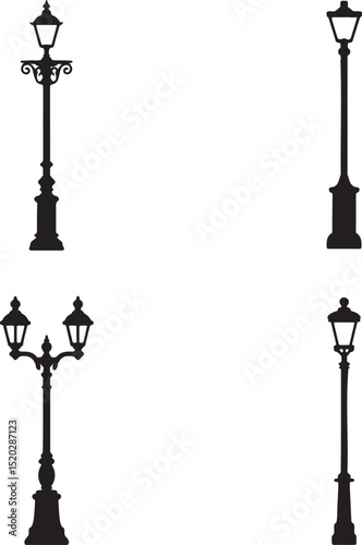 Vintage Street Lamp silhouette set vector illustration isolated On Transparent Background