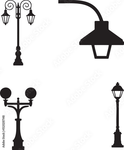 Vintage Street Lamp silhouette set vector illustration isolated On Transparent Background