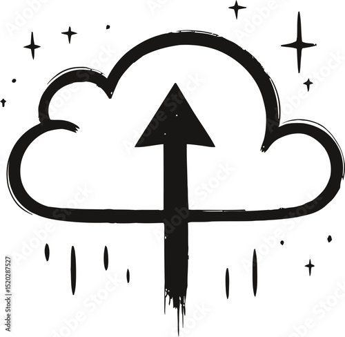 Cloud Upload Icon: A stylized cloud icon with an upward arrow, symbolizing data uploading or cloud storage, features a grunge aesthetic with dripping paint effect and sparkling stars. 