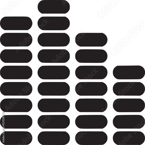 A black and white graphic illustration of a sound equalizer with varying heights and a white background