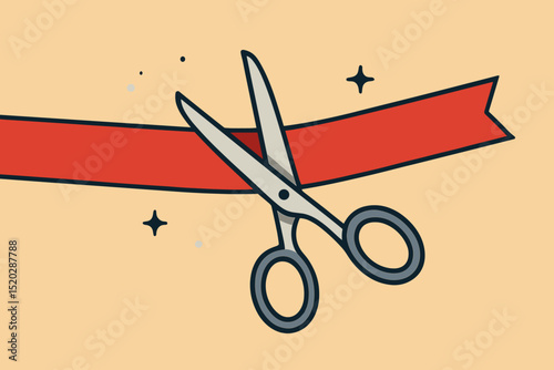Grand Opening Ceremony vector illustration. Scissors cutting red ribbon for business launch event. New beginning celebration symbol. Startup, inauguration, presentation, opening day icon. Flat design.