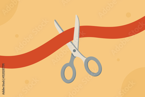 Grand Opening Ceremony vector illustration. Scissors cutting red ribbon for inauguration event. Business launch, new beginning celebration concept. Flat design for marketing and promotion.