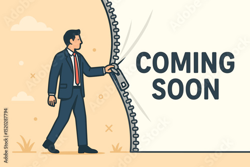 Businessman pulling zipper to reveal 'Coming Soon' message. Vector illustration for new project launch, product unveiling, grand opening announcement, marketing promotion, and business anticipation.