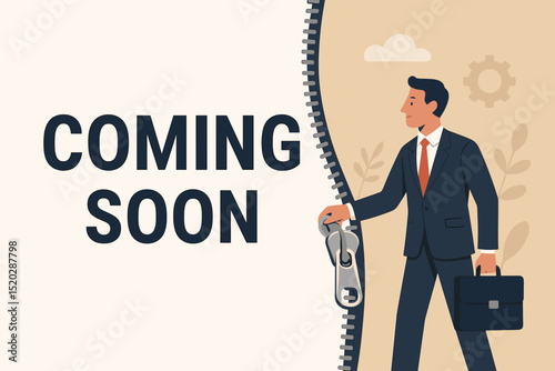 Coming soon concept with businessman opening giant zipper. Project launch, new product unveiling, business announcement. Metaphor for reveal, innovation, future strategy, and marketing.