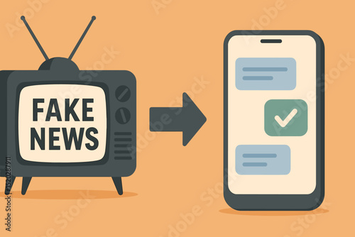 Media evolution concept: From traditional TV broadcasting fake news to modern smartphone displaying verified true information. Combating disinformation, online fact-checking, digital transformation.