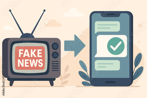 Media evolution journey from traditional TV broadcasting fake news to modern smartphone displaying verified information. Digital transformation, fact-checking, and the fight against disinformation.