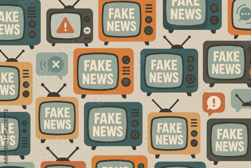 Retro TV seamless pattern. Fake news broadcast on vintage television screens. Misinformation, propaganda, media deception, disinformation, and social issues concept. Old technology background.