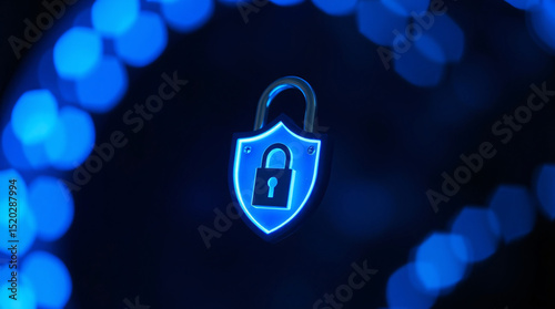 A blue glowing shield with a lock symbol, representing security and protection in technology.