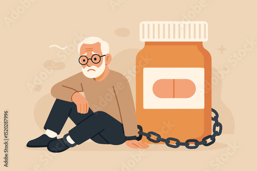 Medication dependency metaphor. Sad elderly man chained to pills. Senior health crisis, drug addiction, pharmaceutical reliance. Chronic illness, mental stress, despair, healthcare burden.