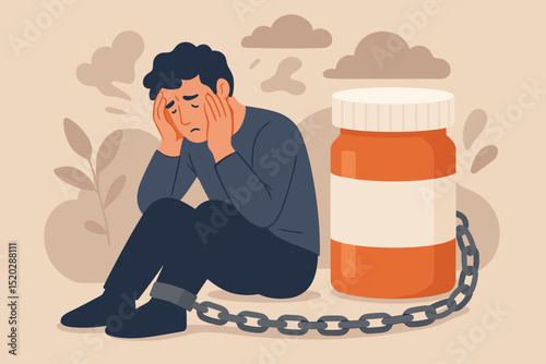 Addiction metaphor. Man chained to pill bottle. Drug dependence, substance abuse concept. Mental health struggle, despair. Prescription medication reliance. Pharmaceutical crisis. Helpless.