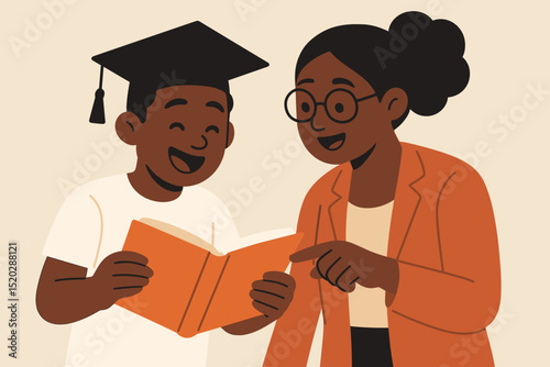 Black teacher mentoring student with graduation cap. African American graduate reading book, joyful learning. Education, academic success, mentorship, higher learning, guidance, support concept.