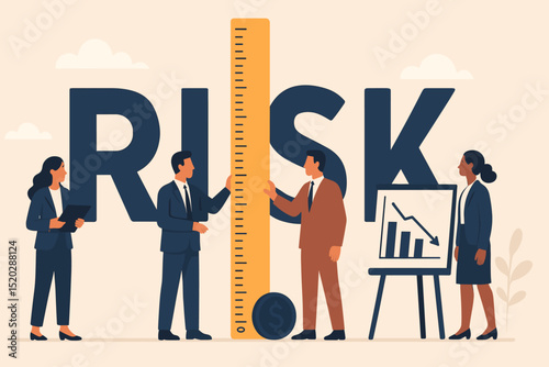 Risk management concept. Business team measuring financial risk, investment decline. Corporate strategy for crisis prevention & market analysis. People with ruler, chart, coin. Vector.