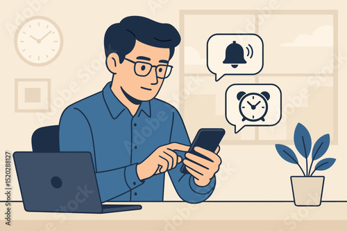Efficient Time Management illustration. Businessman at desk with laptop using smartphone for scheduling, reminders, and productivity. Modern flat design of office workflow and digital organization.