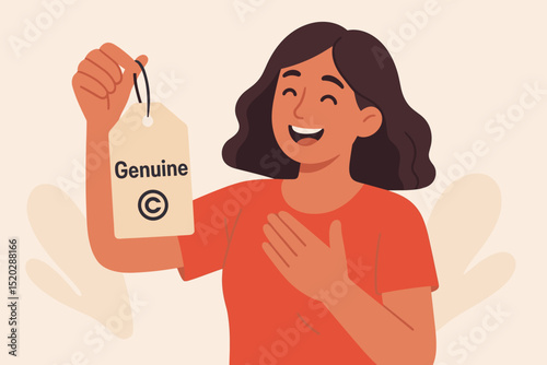 Happy woman showcases genuine product tag with copyright symbol. Concept of authenticity, intellectual property, brand protection, originality, consumer trust, and quality assurance. Vector.