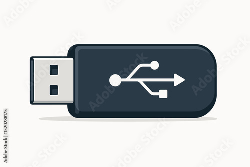 Modern USB flash drive vector illustration. Dark blue memory stick icon for data storage and transfer. Portable digital technology device concept with USB symbol for computer connection and backup.