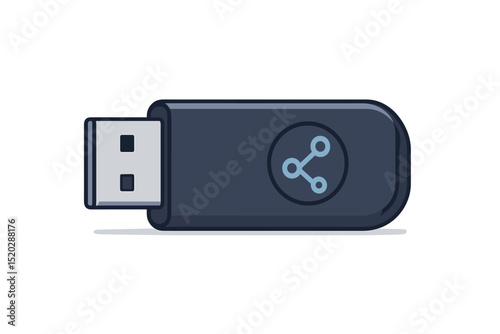 Modern USB drive vector illustration. Flat icon design of a portable flash drive with share symbol. Digital data storage, information transfer, memory stick technology concept. Portable memory.