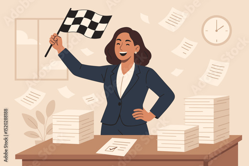 Businesswoman celebrating success in office, waving checkered flag. Happy female professional achieves project goal, completes tasks. Corporate achievement, paperwork finished, deadline met. Vector.