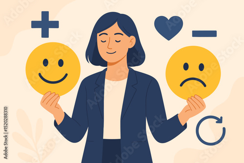 Positive work emotions. Businesswoman choosing happy smiley face over sad. Emotional intelligence, mental health, mood management, job satisfaction, employee wellbeing, feedback vector.