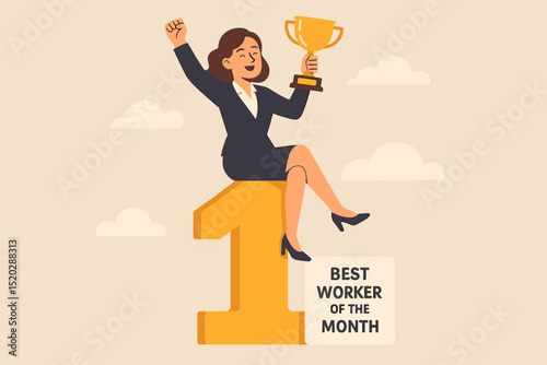 Celebrating success. Businesswoman proudly holds trophy, recognized as best worker of the month. Employee achievement award, top performer number one. Career victory celebration vector illustration.