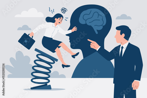 Work pressure metaphor. Stressed businesswoman launched by spring. Burnout and anxiety concept. Corporate mental health. Overwhelmed employee. Manager pointing. Head silhouette with brain. Psychology.