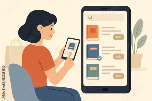 Woman shopping for books online using smartphone app. E-commerce concept for digital bookstore or library. Customer choosing literature, mobile education, online ordering, reading hobby, add to cart.