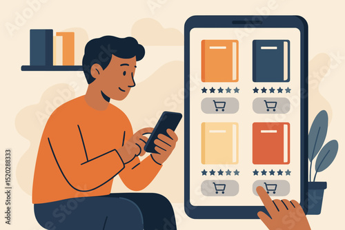 Online bookstore shopping: man uses smartphone, tablet app for e-commerce. Digital library, literature browsing, book purchase with reviews. Mobile technology, e-learning, retail concept vector.