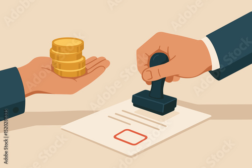 Corruption concept illustration. Hand offering money coins as a bribe for document approval. Illegal transaction scene with official stamp. Unethical business deal, financial crime, and fraud vector.