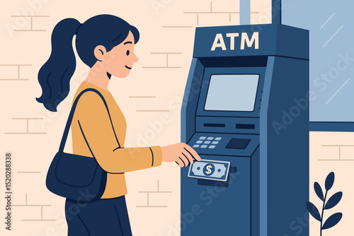 Young woman withdrawing cash money from an ATM machine. Financial transaction concept illustration for banking services, personal finance, payments, and currency exchange. Modern flat vector.