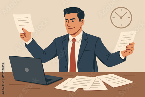 Multitasking businessman efficiently managing office workload. Productive male professional at desk with laptop and documents. Time management, corporate productivity, business success concept vector.