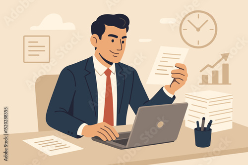 Businessman multitasking at office desk, professional working on laptop with documents. Concept of efficiency, productivity, time management, corporate workflow, project success, business growth.