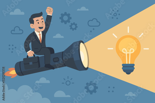 Businessman riding rocket flashlight towards lightbulb idea. Creative innovation, startup launch, business strategy, vision for success. Metaphor for problem-solving, motivation, and achieving goals.