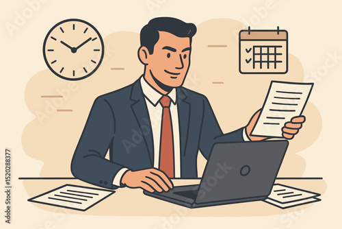 Businessman multitasking at office desk. Professional worker with laptop, documents, clock, calendar. Efficiency, productivity, time management, planning, workflow optimization. Vector.