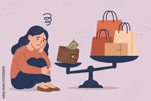 Shopping addiction concept. Sad woman with scale balancing money and purchases. Financial imbalance, overspending, debt stress. Compulsive buying disorder and consumerism mental health.