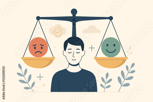 Emotional balance concept. Man balancing happy sad face emoticons on scales. Mental health, psychology, mood regulation, inner peace, emotional intelligence, wellness, stability, harmony.