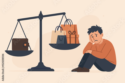 Shopping addiction metaphor. Stressed man with scales, wallet versus excessive shopping bags & gifts. Financial imbalance, overspending, debt, consumerism crisis. Cartoon vector illustration.