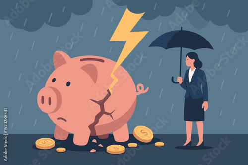 Financial crisis. Economic storm. Businesswoman protects cracked piggy bank with umbrella. Lightning. Savings loss. Investment risk. Recession. Money problems. Financial security concept.