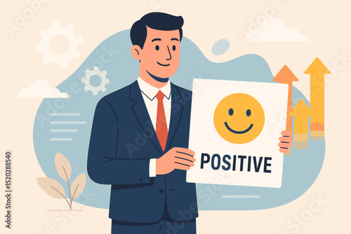 Positive work environment. Businessman holding smiley face sign. Concept of optimism, motivation, employee satisfaction, well-being, and good mood. Company culture, success, growth, productivity.
