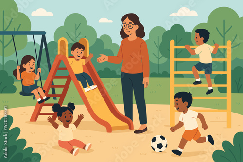 Diverse children playing outdoors at playground with teacher. Kids on slide, swing, climbing frame, playing soccer. Happy childhood, kindergarten activity, recess, childcare concept vector.