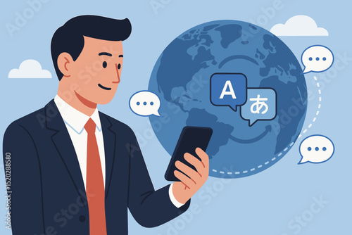 Global communication app, translation, and international business. Man using smartphone for universal language exchange and connection with people worldwide via technology.