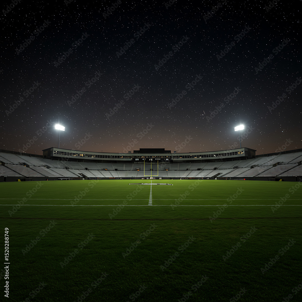 Fototapeta premium An empty football or soccer stadium at night, illuminated by bright floodlights under a starry sky. A dramatic scene of sport, competition, and anticipation. 