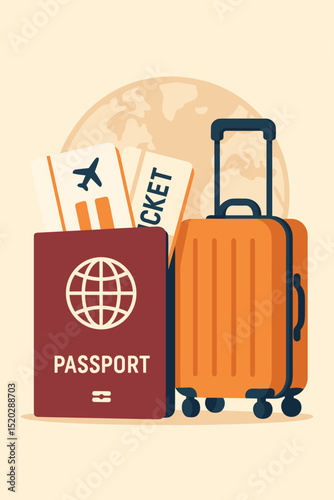 Travel essentials. International journey. Passport, airline tickets, orange suitcase, globe. Vacation, tourism, holiday planning, adventure. Air travel, booking, documents. Vector illustration.