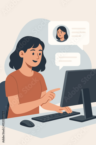 Businesswoman working remotely on computer, engaged in online video call. Digital conversation, virtual meeting concept. Female character at desk, team communication technology, chat.