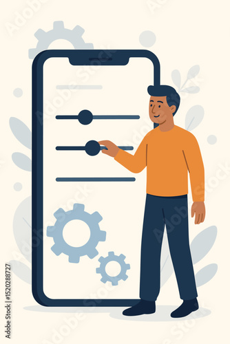 Man customizing mobile app settings interface on smartphone. User adjusting preferences with control panel sliders and gear icons for personalization. Tech UI/UX concept vector.